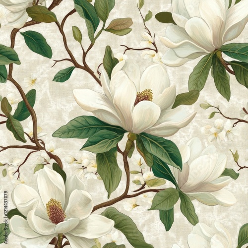 Elegant white magnolia blossoms and branches on beige textured background.