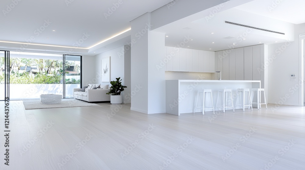Obraz premium Modern white apartment interior design, open plan living and kitchen, luxury real estate