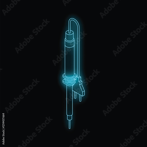 Electric soldering iron glowing with blue neon light, depicted in a minimalist, isometric style against a black background