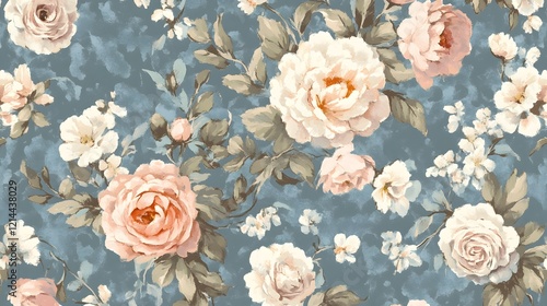 Fototapeta Naklejka Na Ścianę i Meble -  Romantic Dusty Blue Floral Seamless Pattern  Painted Roses   Flowers