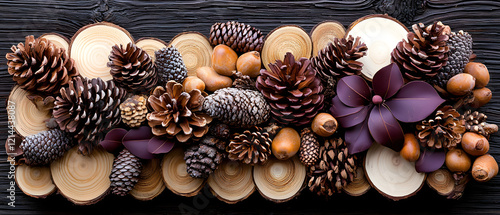 Natural pinecone and flower arrangement rustic setting decorative artwork cozy home environment top-down view seasonal decor