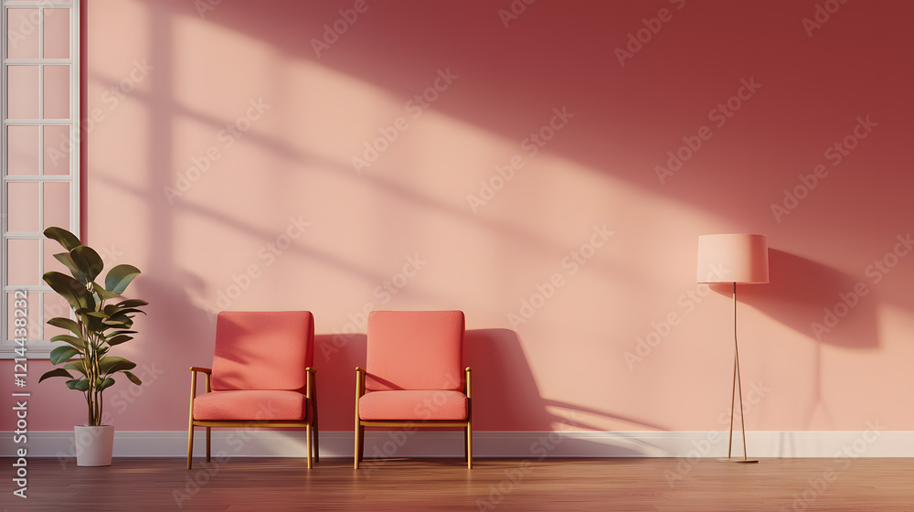 Fototapeta premium Cozy living room setup with pink walls and stylish furniture modern home interior design bright environment perspective view