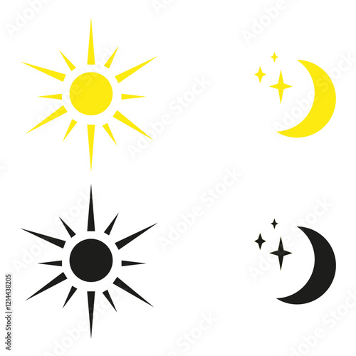 Sun and moon icon vector illustration set, black and yellow symbols, celestial design elements, sunrises, sunsets, star, crescent phases. New icons collection.