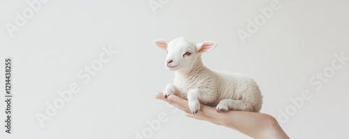 Adorable newborn lamb lying on a hand, representing innocence, purity, and new beginnings