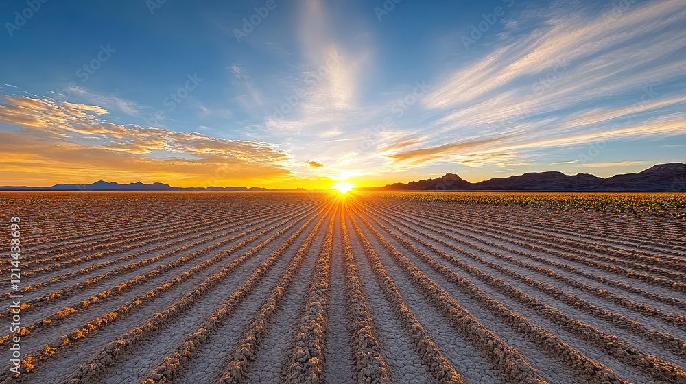 Naklejka premium vibrant sunset over field of crops, showcasing beautiful colors and patterns