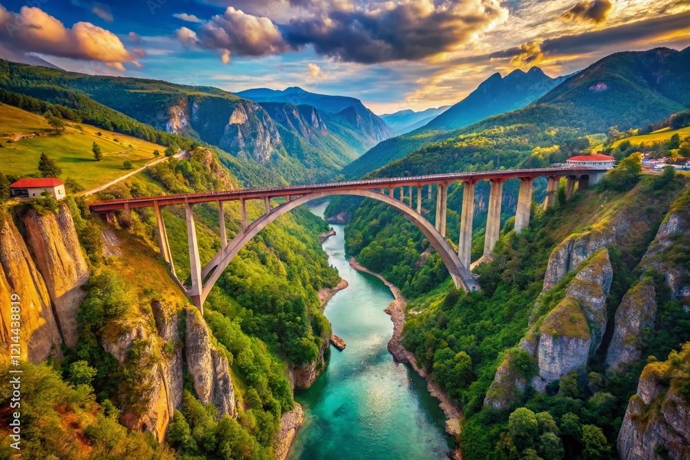 Fototapeta premium Majestic Djurdjevica Tara Bridge Aerial View: Dramatic Curve & Canyon Landscape