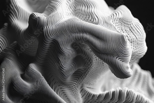 Intricate black and white abstract sculpture showcasing unique textures and fluid forms photo