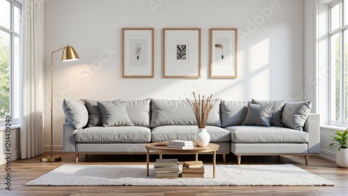 Elegant light gray sectional hugs a pristine white wall, complemented by a chic wooden coffee table adorned with artfully arranged books and a delicate white vase photo