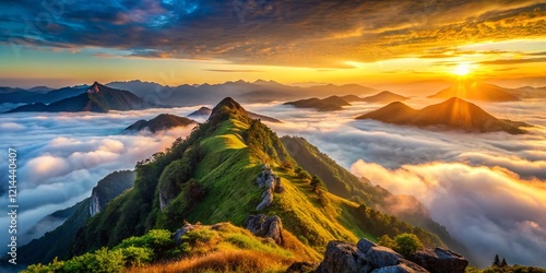 Majestic Foggy Mountain Peak Panorama: Breathtaking Aerial View of Misty Mountain Range