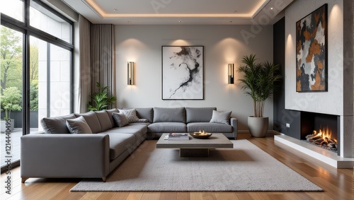 Wallpaper Mural A sleek gray sectional anchors a chic living space, flanked by a complementary gray rug and central coffee table. The cozy ambiance completes with an elegant fireplace to the right Torontodigital.ca