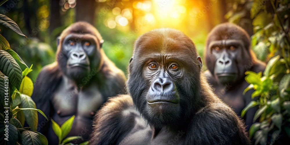Obraz premium Majestic Gorillas in Forest, Dappled Sunlight, Bokeh Effect, Wildlife Photography