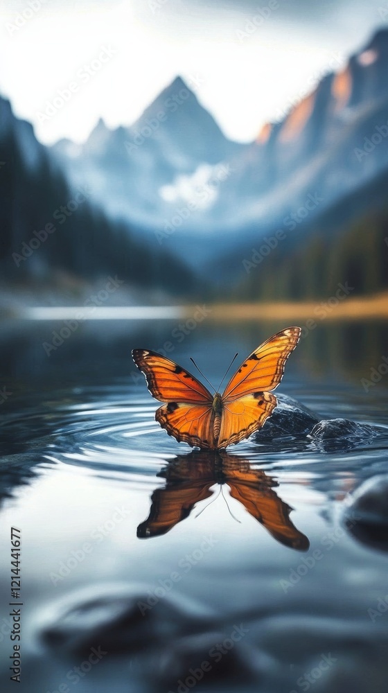 Obraz premium Monarch butterfly sipping nectar near alpine lake, reflecting golden sunset waters