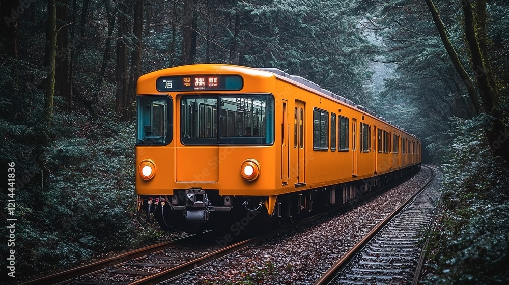 Orange Train Traveling Through A Dark Forest Orange Train Traveling Through A Dark Forest