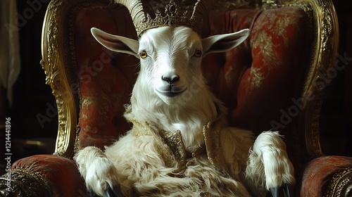 A stuffed goat in a fancy chair, looking like royalty with a crown photo