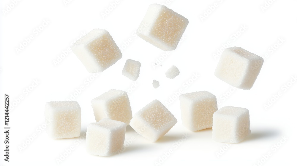 Cubes of sugar floating against a white background, creating a dynamic and fresh visual effect. Cubes of sugar floating against a white background, creating a dynamic and fresh visual effect.
