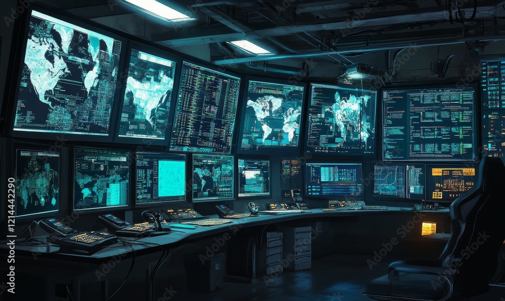 Control room with multiple screens displaying data and maps, showcasing focused individual monitoring security systems. atmosphere is intense and professional Control room with multiple screens displaying data and maps, showcasing focused individual monitoring security systems. atmosphere is intense and professional