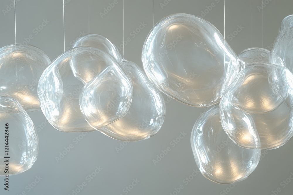 Clear glass bubble light fixture hanging gracefully in a modern interior space during daylight hours Clear glass bubble light fixture hanging gracefully in a modern interior space during daylight hours