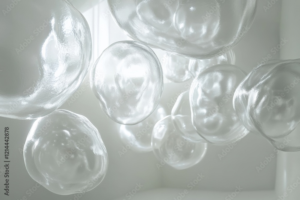 Floating translucent bubbles reflecting light in a bright modern space Floating translucent bubbles reflecting light in a bright modern space