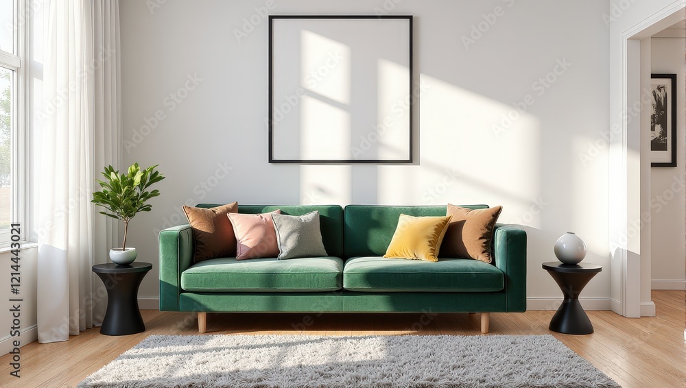 A plush green velvet couch adorned with four cushions rests before a pristine white wall. A textured gray and white shaggy rug lies gracefully beneath, enhancing the cozy wooden floor setting A plush green velvet couch adorned with four cushions rests before a pristine white wall. A textured gray and white shaggy rug lies gracefully beneath, enhancing the cozy wooden floor setting