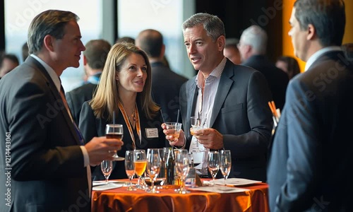 A networking event with professionals engaging over drinks at a round table.