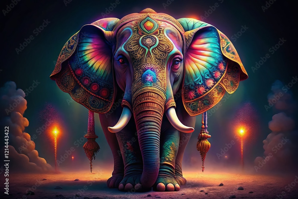 Obraz premium Majestic Indian Elephant, Night Photography, Traditional Patterns, White Background