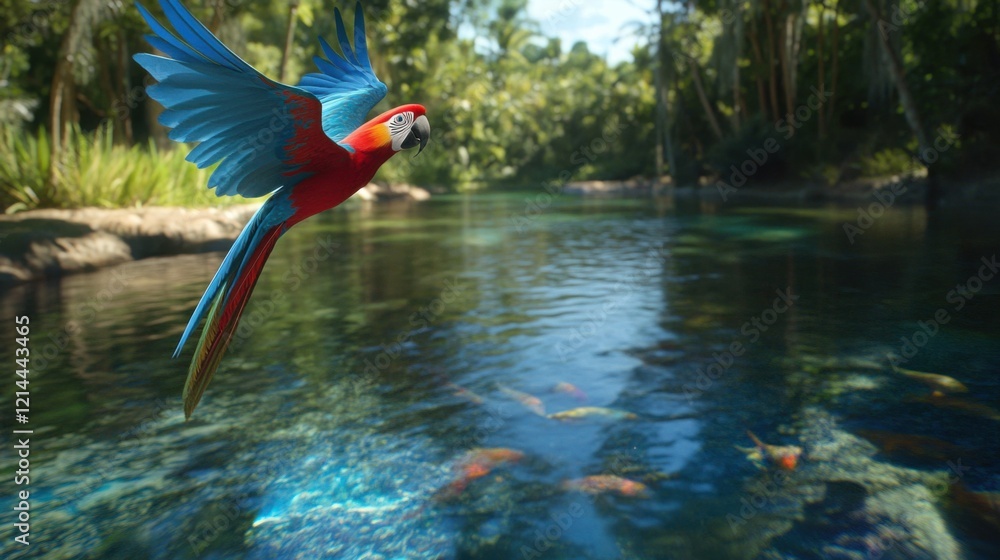 Obraz premium Vibrant Bird Flying Over Clear Tropical River