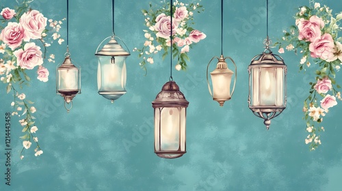 Vintage Lanterns   Roses Watercolor Teal Background