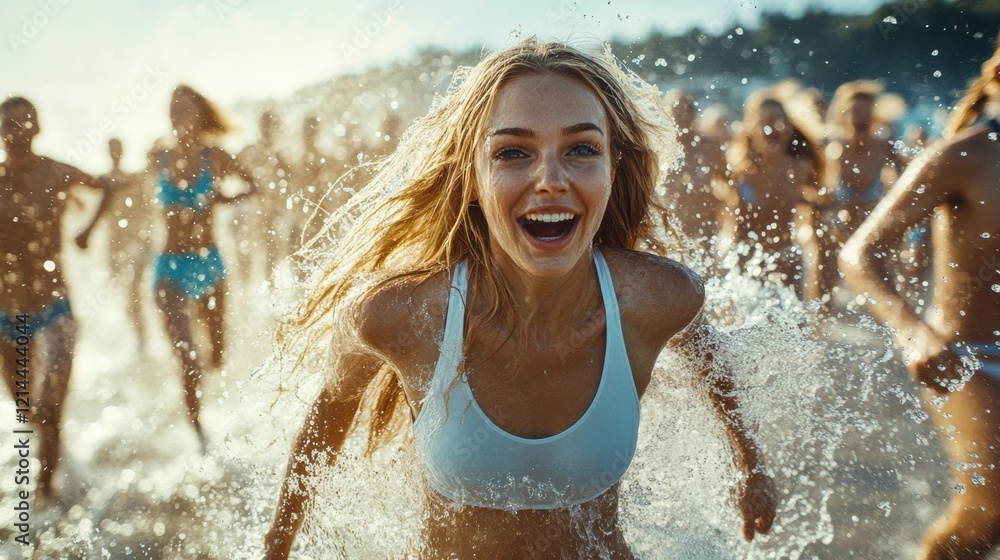 Obraz premium A blonde woman joyfully splashes through the water on a sunny beach, highlighting the vibrant energy and carefree vibe ideal for summer vacation or fitness branding.