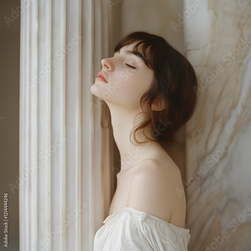 Serene Woman Posing Gracefully Near Marble Column in Soft Light