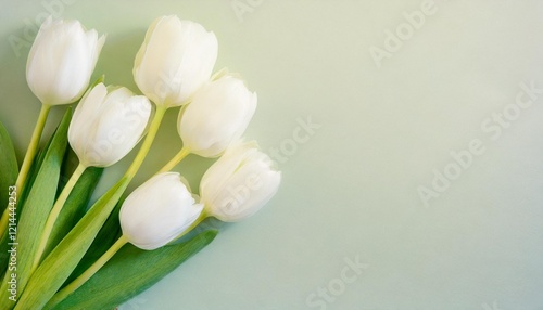 White tulip flowers on a light pastel background, top view, flat lay. Banner with flower bouquet made of tulips on the left and copy space on the right side.