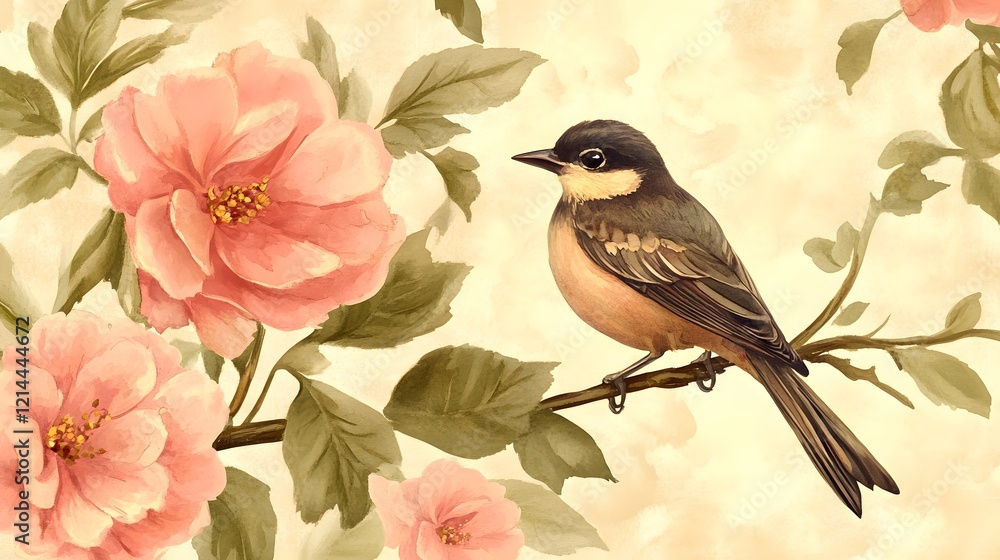 Fototapeta premium Watercolor Bird on Peach Blossom Branch