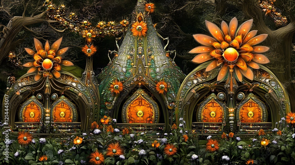 Fototapeta premium Enchanting Fantasy Flower House Magical Garden Gothic Architecture Surreal Art