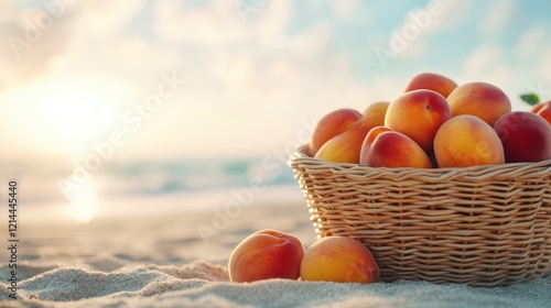 A beautiful woven basket filled with ripe peaches highlights the contrast of natural bounty against the serene backdrop of a sandy beach at sunset, evoking summer bliss.