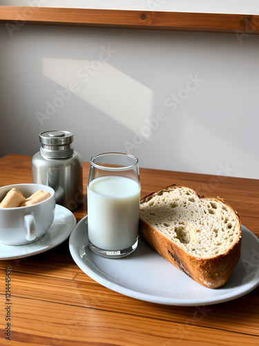 DesContinental breakfast, with bread and milk.contos sazonais de trinta por cento photo