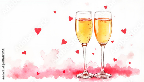 Romantic champagne toast with heart decor, cozy celebration