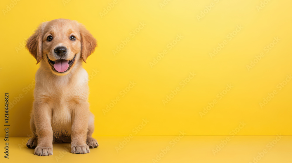 Adorable puppy with wagging tail on sunny yellow background Adorable puppy with wagging tail on sunny yellow background