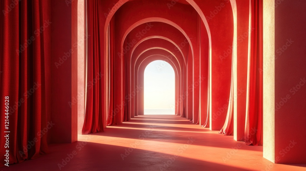 Fototapeta premium Red archway corridor, sunlight entrance, design backdrop
