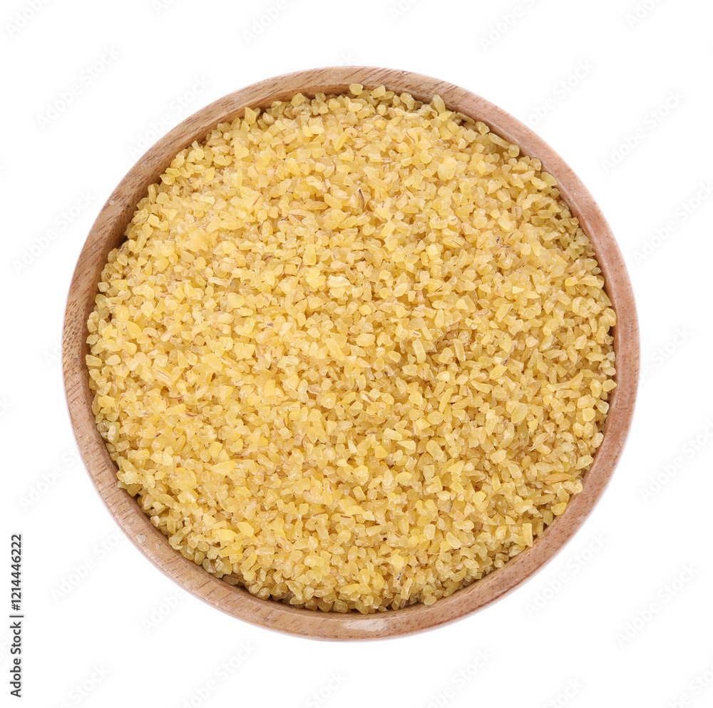 Raw bulgur in wooden bowl isolated on white, top view Raw bulgur in wooden bowl isolated on white, top view