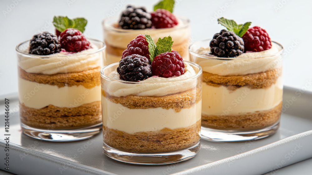 Delicious dessert cups with layers of cream, berries, and mint garnish Delicious dessert cups with layers of cream, berries, and mint garnish