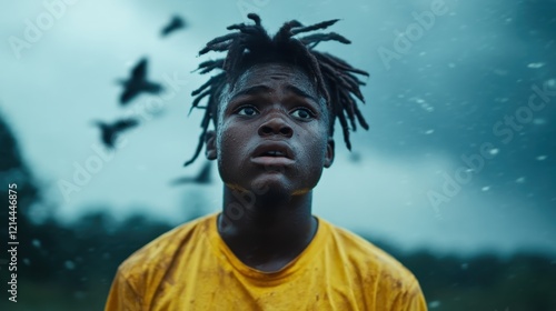 In a stormy landscape, a boy observes flying crows with a look of awe and reflection on his muddy face, capturing the intertwining of human emotion and nature's power. photo