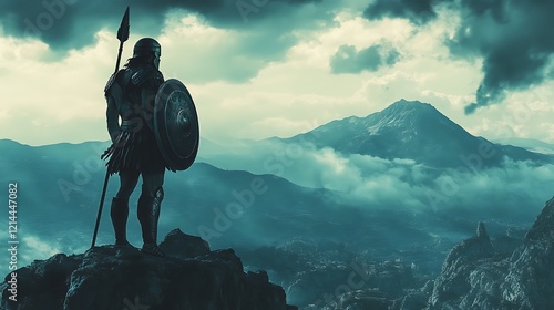 Ancient Warrior's Vigil: A lone Spartan soldier stands guard atop a mountain, overlooking a vast, misty landscape. His spear and shield are ready, his gaze fixed on the distant horizon.