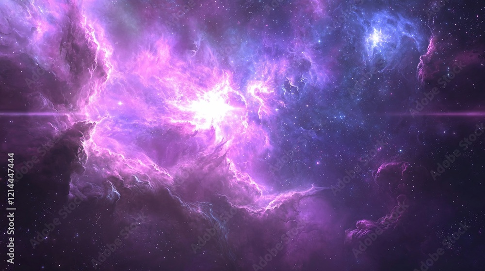 Fototapeta premium Vibrant purple nebula with bright core and stars.