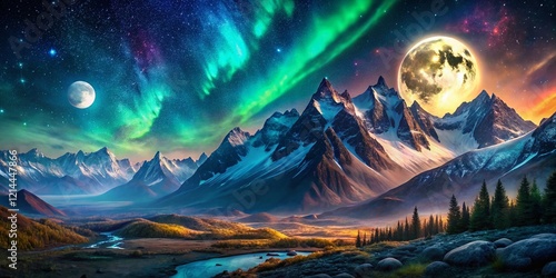Majestic Mountain Aurora: Full Moon Night Landscape Painting