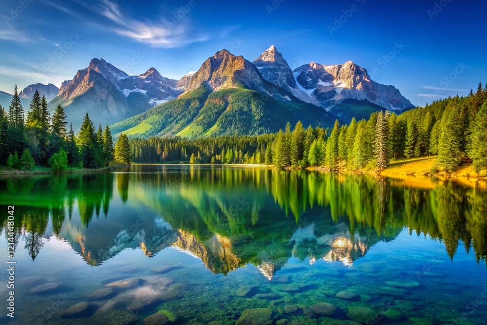 Majestic Mountain Lake Reflection: Serene Landscape Stock Photo Majestic Mountain Lake Reflection: Serene Landscape Stock Photo