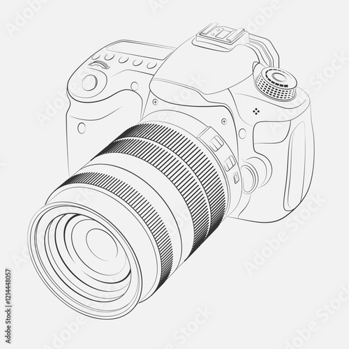Digital camera with optical lens. Vector illustration. Sketch for creativity.