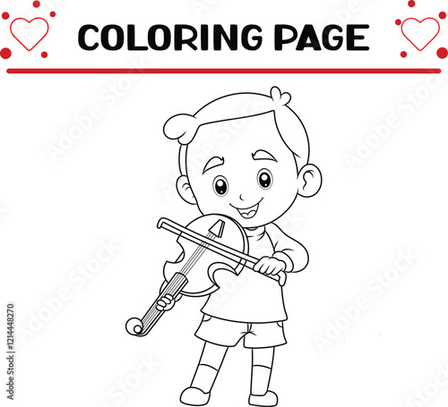 happy boy is playing rubbing violin with stick coloring page for kids
