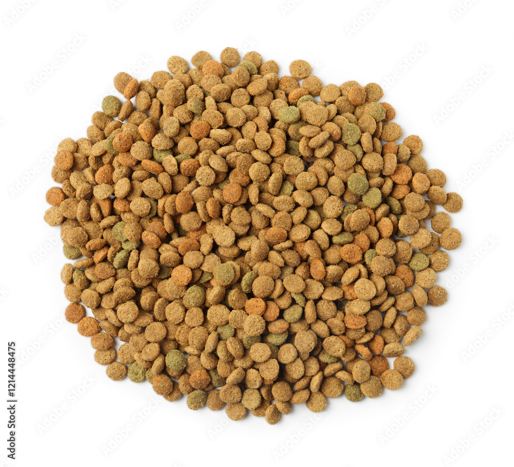 Dry pet food granules isolated on white, top view Dry pet food granules isolated on white, top view