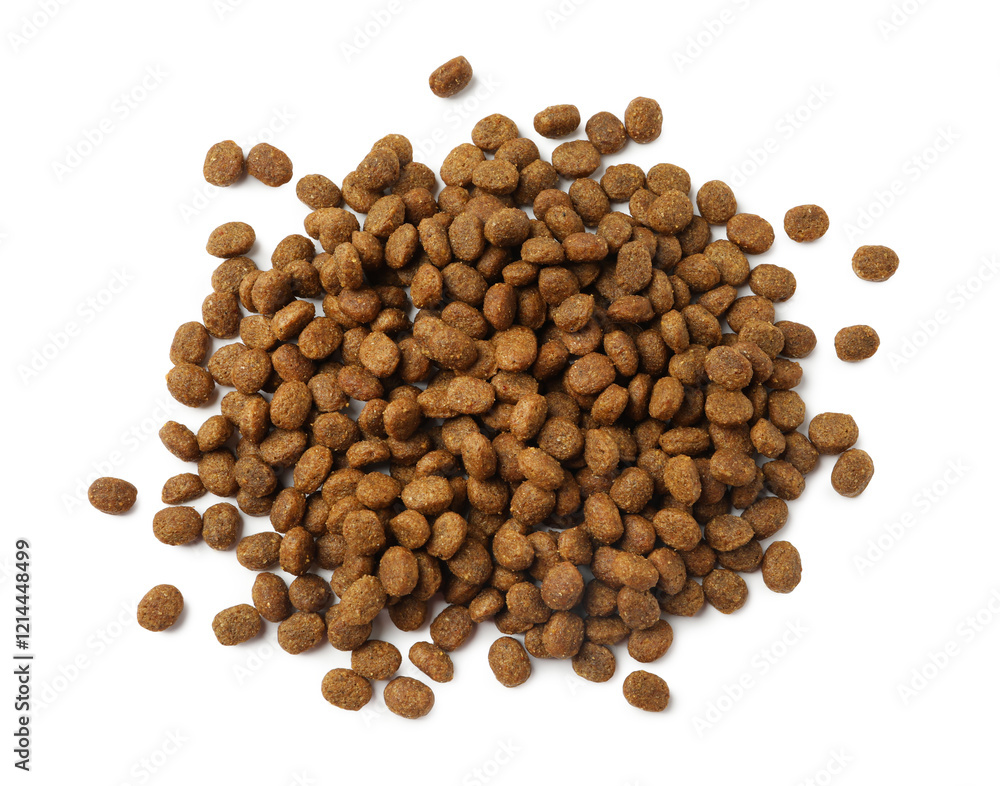Dry pet food granules isolated on white, top view Dry pet food granules isolated on white, top view