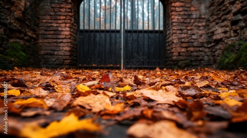 A picturesque view of fallen autumn leaves at a gated entrance, evoking a sense of mystery and nostalgia with the beauty of changing seasons. photo