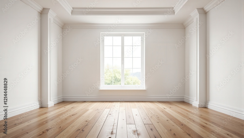 Obraz premium An intimate space bathed in light through a central window, featuring sleek horizontal wooden flooring that stretches across an empty room, framed by pristine white walls. 